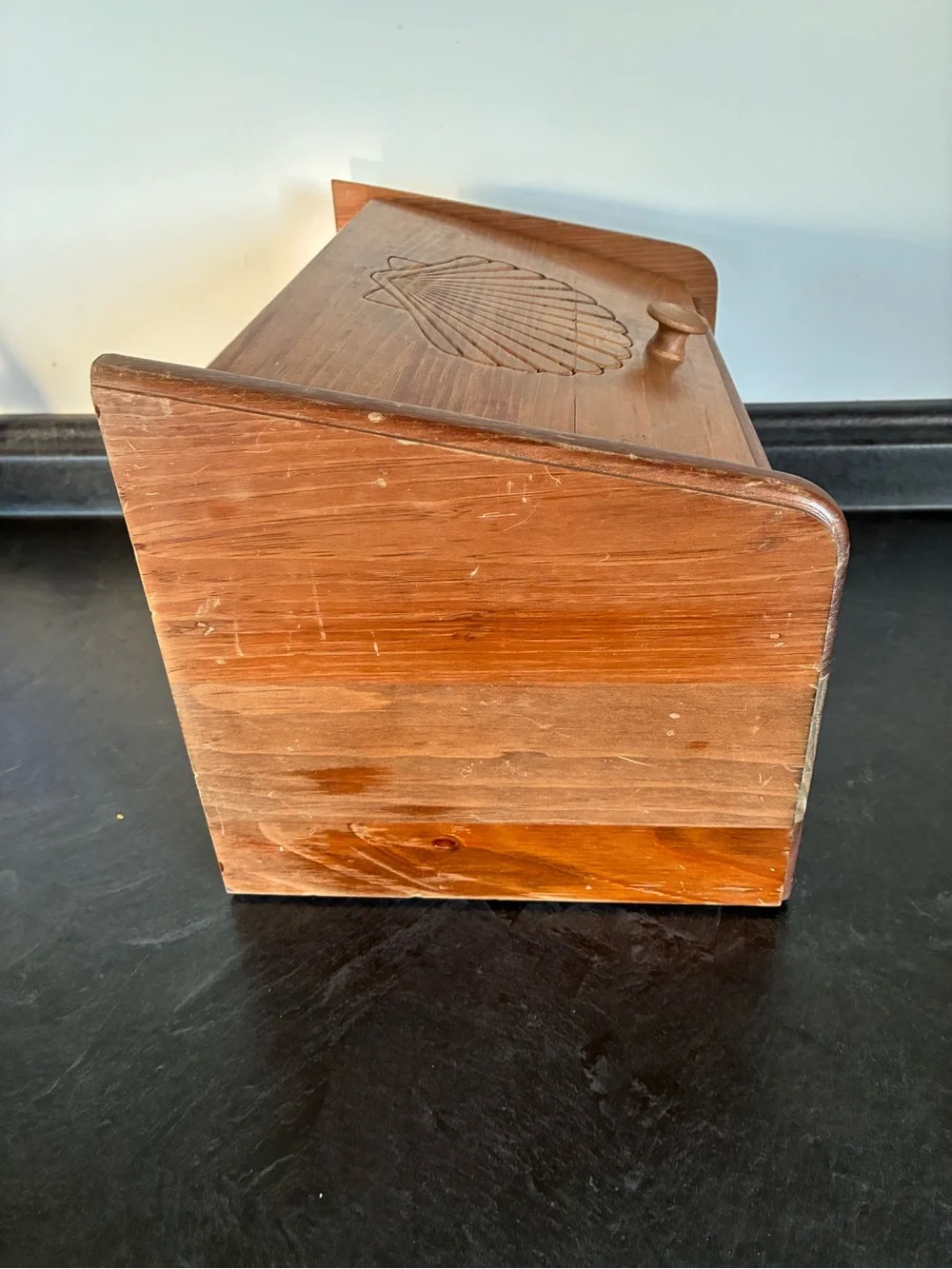 Vintage Cornwall Wooden Bread Storage Box Chest Brown Shell Design 16x10x10